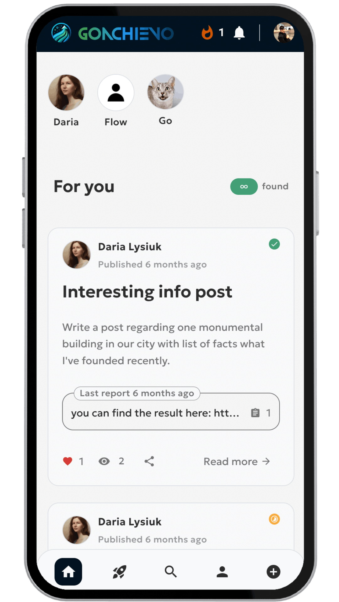 GoAchievo achievement feed preview showing daily check-ins and streaks