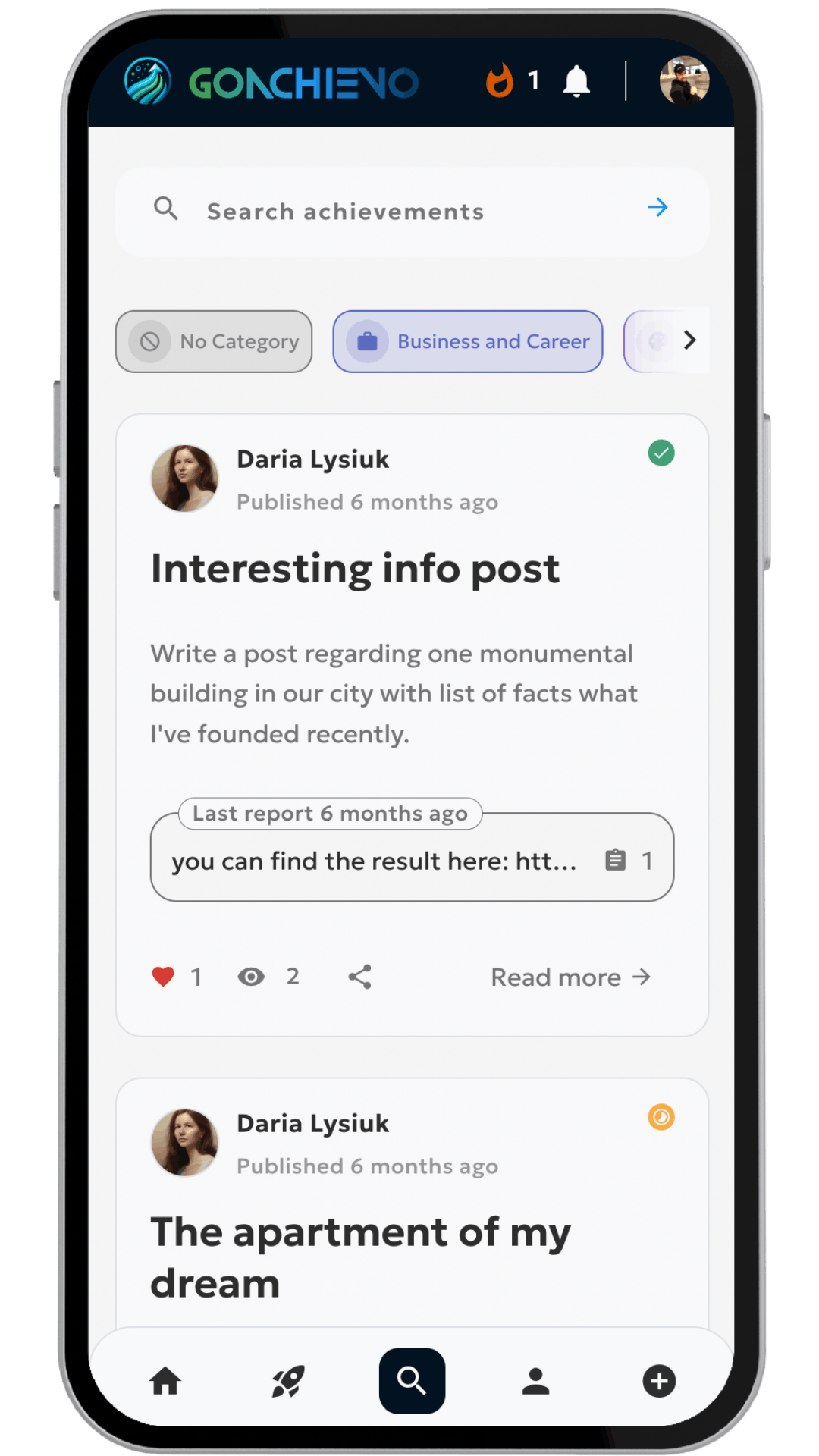 GoAchievo search screen for discovering community goals